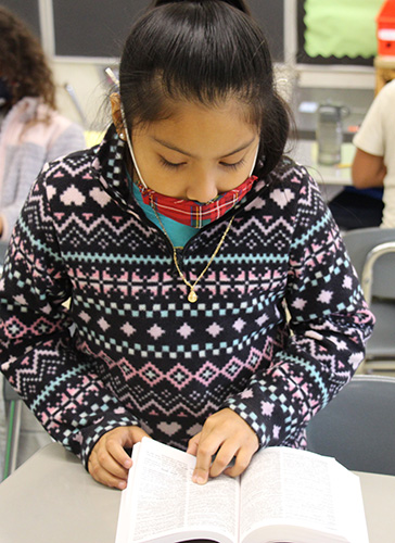 A girl with dark hair, wearing a blue patterned sweater and a red plaid face mask, looks at her open dictionary.