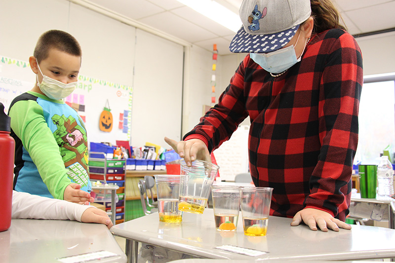 Two students look at four clear cups of liquid with pumpkin candies in them. The student on the right, wearing a black and red check shirt, holds one of the cups in his hand. The other child is wearing a blue and green shirt and mask watching.