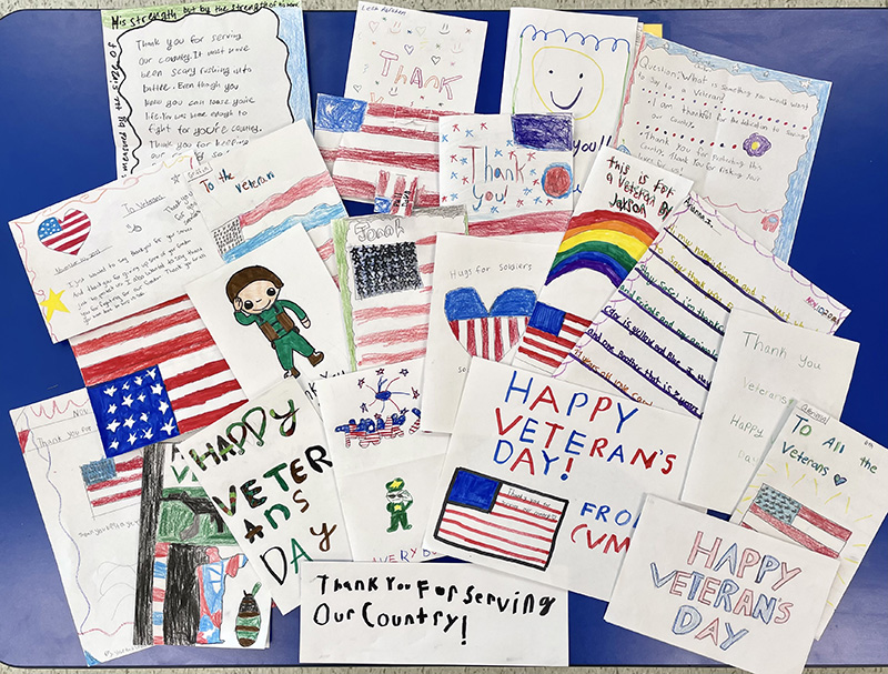 A large number of homemade Veterans Day cards on a desk.