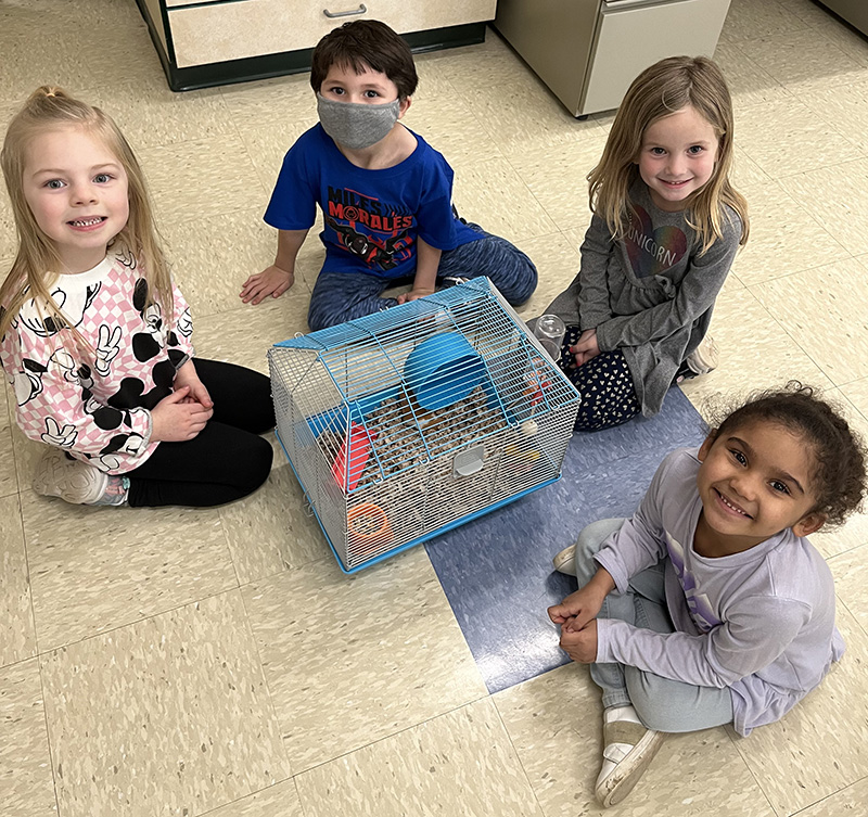 Four elementary students are sitting on the floor and looking up. In the center is a cage with a hamster in it. They are all smiling. One has a mask on.