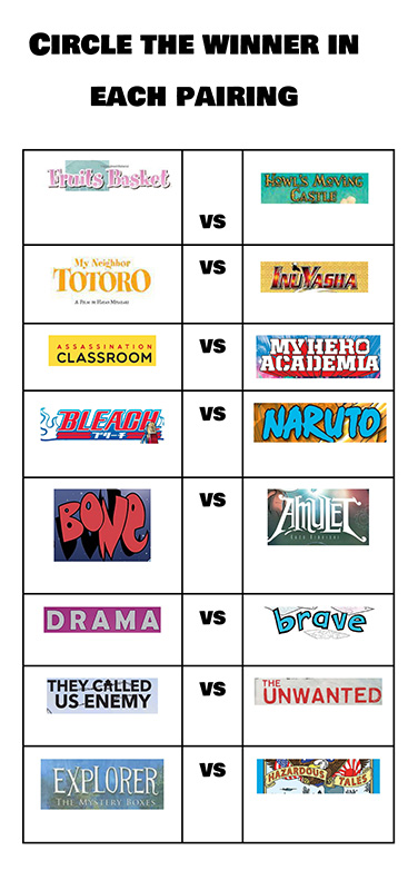 A ballot that says Circle the winner in each pairing. There are titles of books in eight pairs.