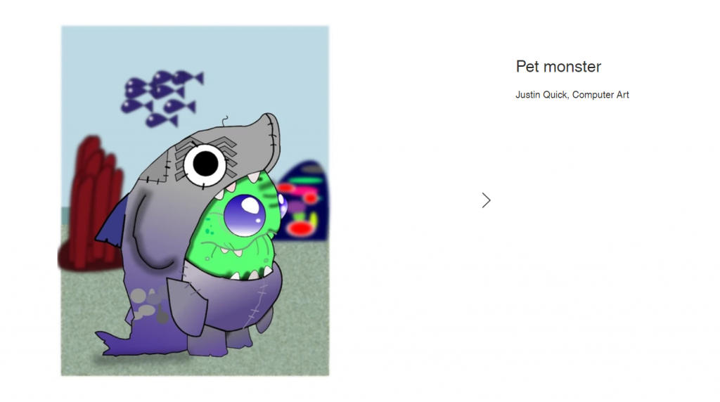 A drawing of a purple pet monster  with a round green thing that has one eye in its mouth. The background is under water.