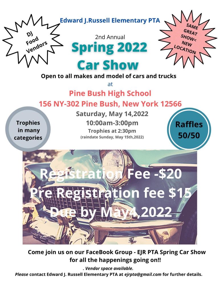 A flyer that says Spring 2022Car show. There is a picture on the bottom of a classic car.