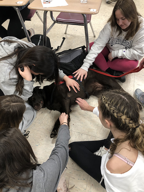 Looking down from above the group, four high school girls sit around a black lab who is laying on the floor. They are all petting the dog.