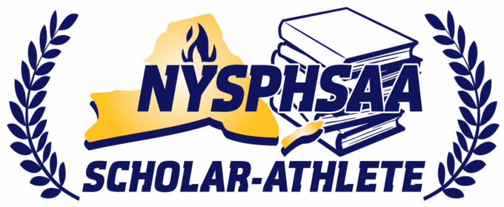 A logo with the state of New York on the left and a stack of books on the right. Written across in blue says NYSPHSAA Scholar-Athlete