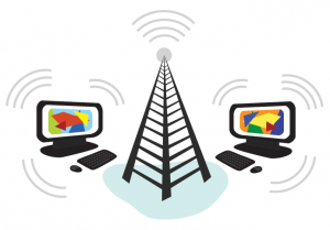 A graphic showing two desktop computers and an antennae 