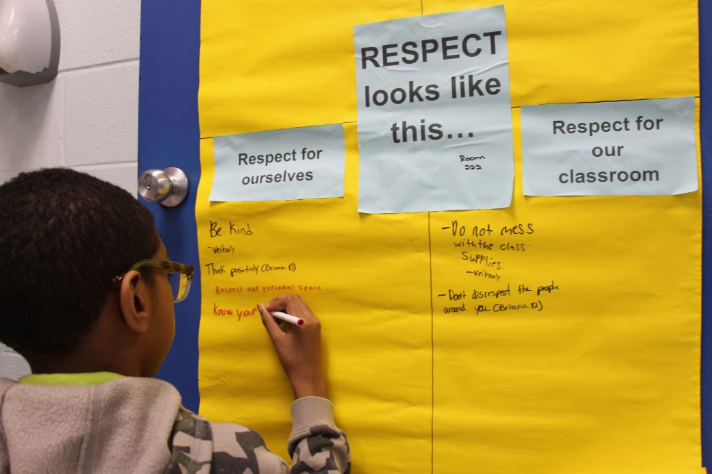 A middle school boy writes on a large yellow poster that has the words Respect looks like this.
