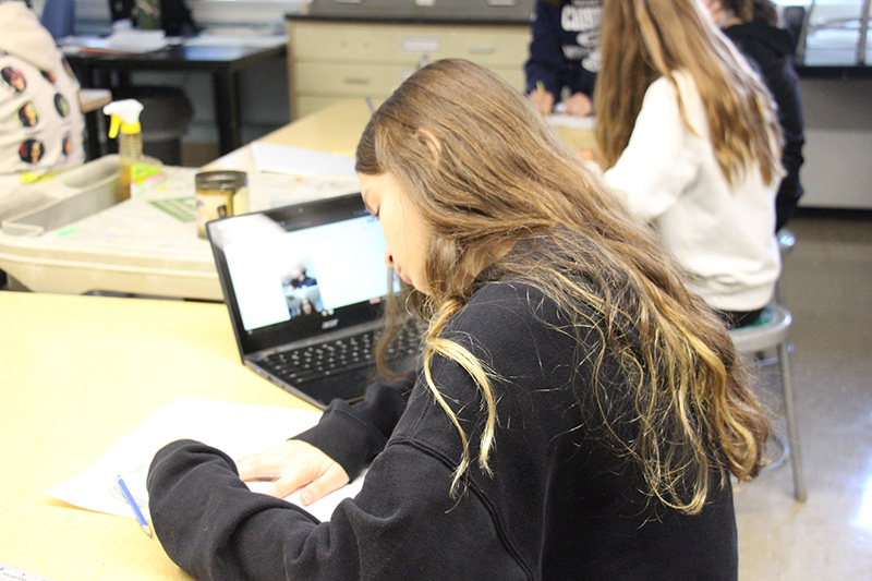 A middle school young woman with long sandy hair sits at a desk drawing. She is wearing a black shirt and has a Chromebook in front of her. There is another student sitting further down.