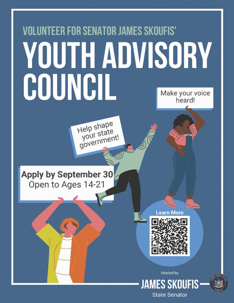 A flyer with a blue background that says Youth Advisory Council. There are three caricatures of young adults holding signs that say "apply by Sept. 30 open to ages 14-21", "Make your voice heard," and "Help shape your state government.,"