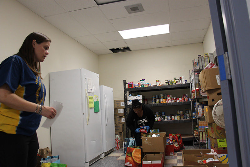 A woman stands on the left of a small room. There are two white freezers next to her and large shelves filled with canned foods. There is a woman stocking the shelves.