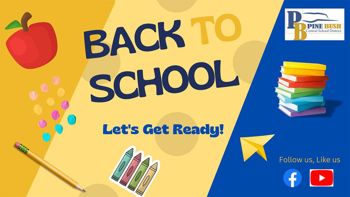 A blue and gold graphic that says Back to School with pictures of an apple, paint dots, pencil, crayons, books and a paper airplane.