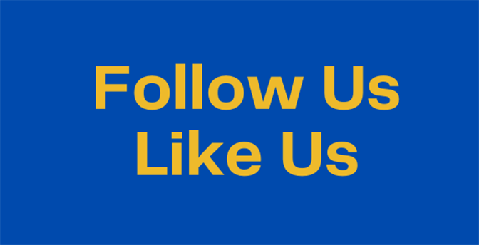 A blue background with the words Follow Us Like Us in gold