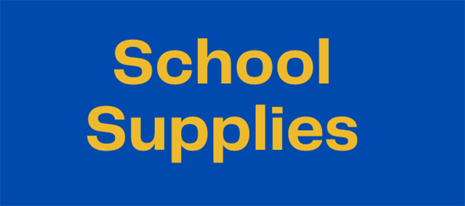 A blue background with gold letters that say School Supplies