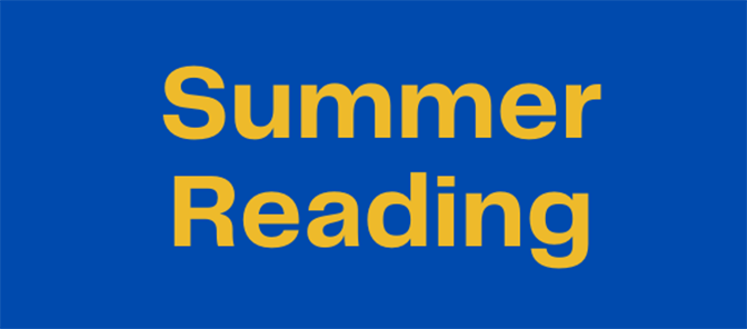 A blue background with gold letters saying Summer Reading