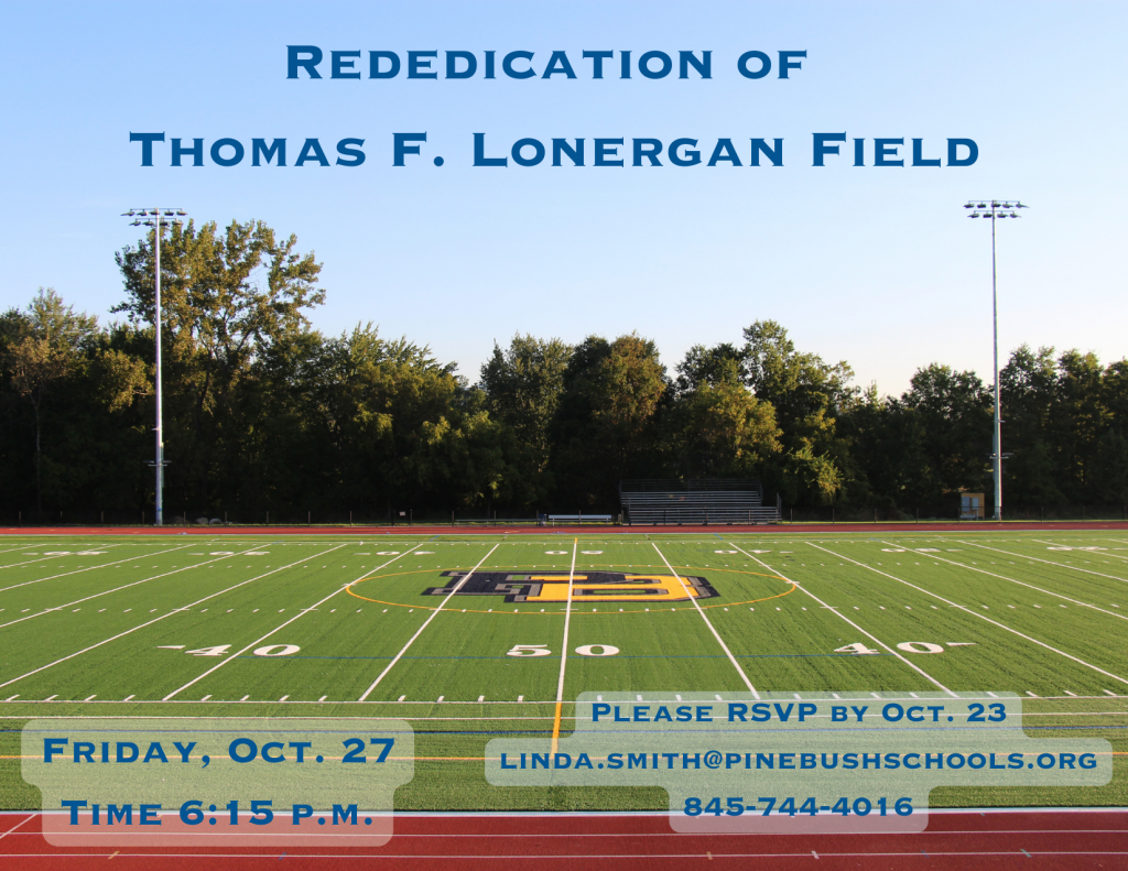 Invitation with a picture of a green field lined for football. It says Rededication of Thomas F. Lonergan Field Friday, Oct. 27 6:15 p.m.