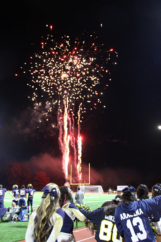 Fireworks shoot up in the air as people watch.