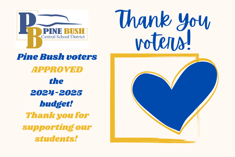 A white background with blue lettering that says Thank you voters! There is a blue heart below it. Also text says Pine Bush voters approved the 2024-2025 budget! Thank you for supporting our students!