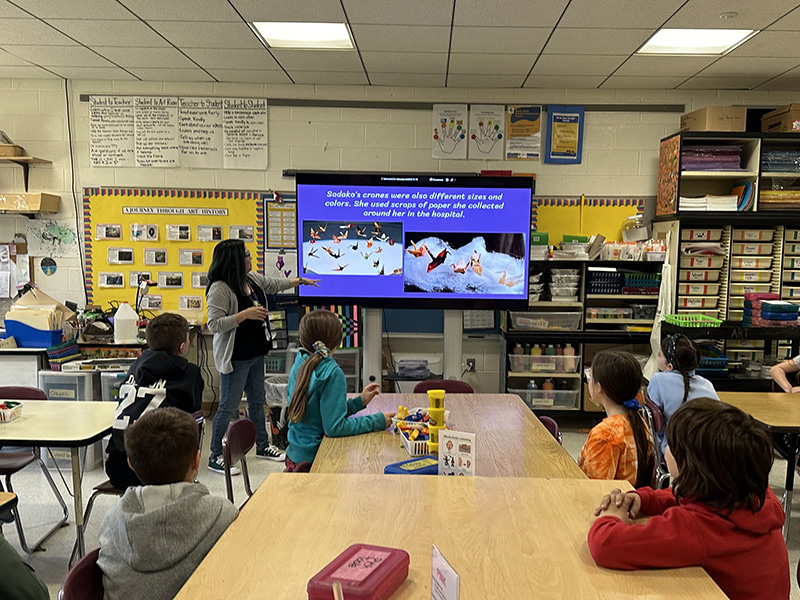 A large screen at the front of a classroom and a woman on the right side of it. Students sit at tables listening.