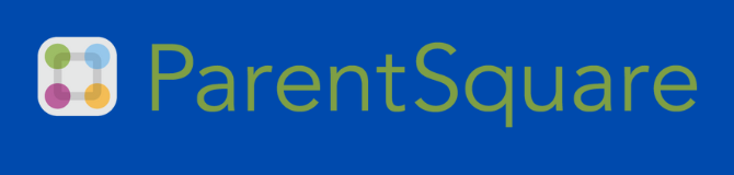 A blue background with parentSquare written and a square with blue red green and yellow dots.