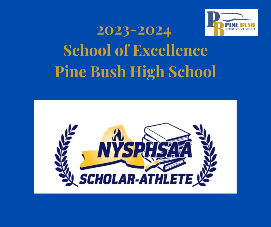 A blue background with the words 2023-2024 School of Excellence Pine Bush high School in gold. Below it is a logo of the New York State Public high School Athletic Association Scholar-athlete.