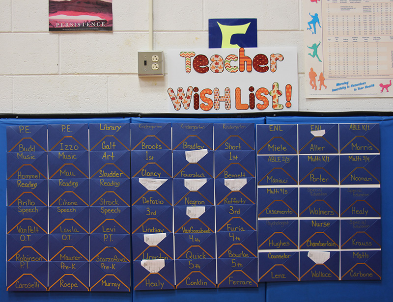 A large blue board with compartments on it for each teacher in the school. There is a sign above that says Teacher Wish List.