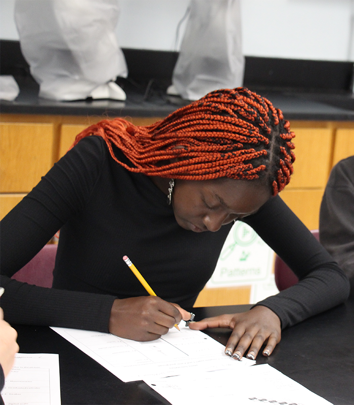 A middle school age girl with long braids writes with a pencil.