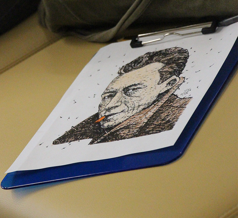 A drawn picture of author Albert Camus.