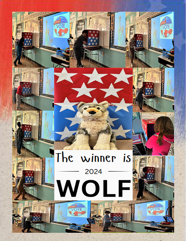 A collage of pictures with a wolf in the center. The pictures around it are young elementary students voting in red, white and blue ballot boxes.