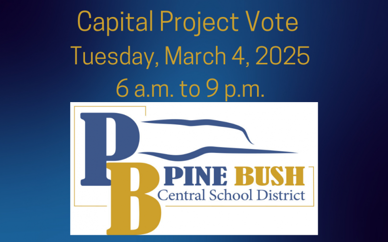 A blue background with gold lettering that says Capital Project Vote, Tuesday, March 2, 2025 65 a.m. to 9 p.m.