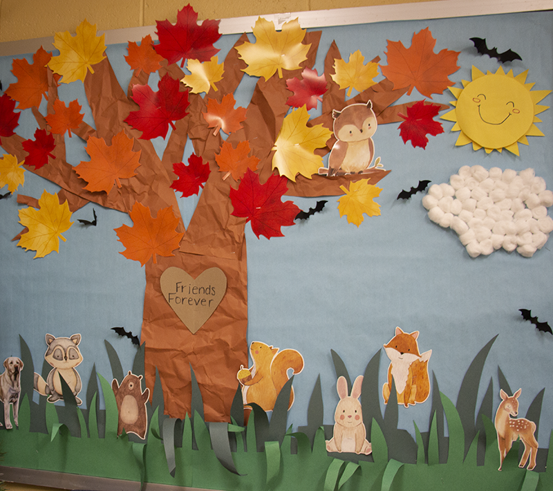 A bulletin board with a paper tree with different color leaves on it. 