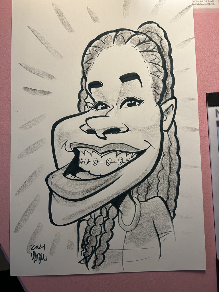 A drawn caricature of a girl.