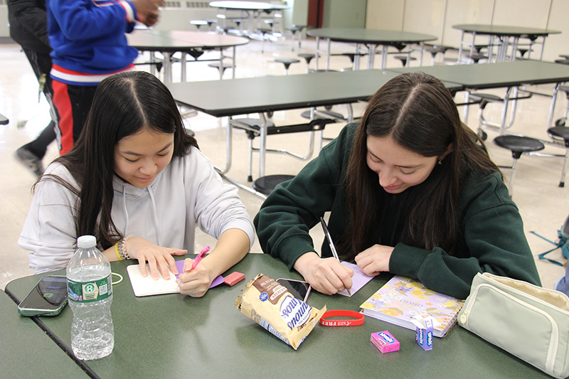 Two high school girls write in their journals.