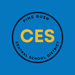 A blue background with a black circle in the center. Around the circle it says Pine Bush Central School district. In the center says CES.