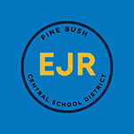 A blue background with a black circle in the center. Around the circle it says Pine Bush Central School district. In the center says EJR.