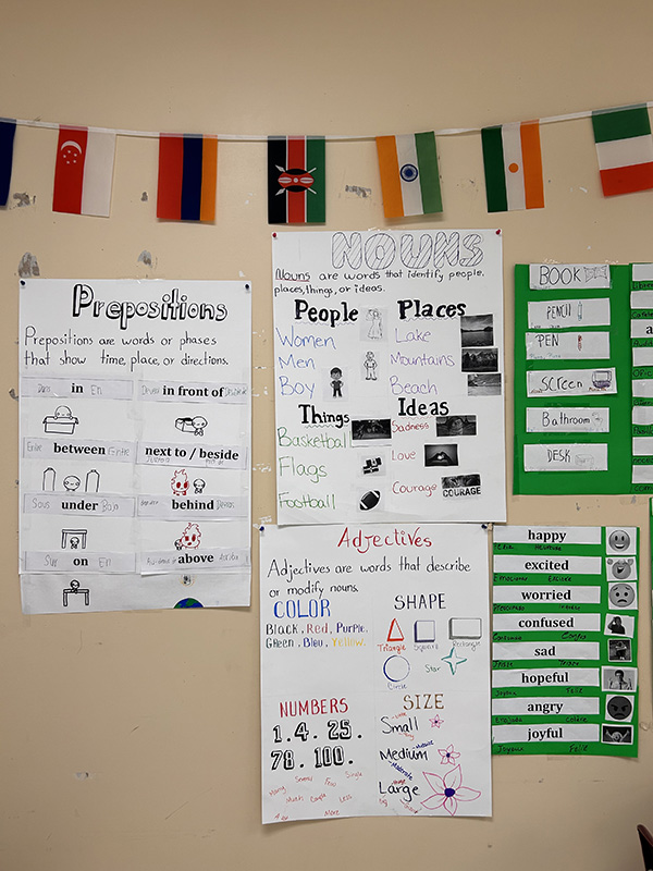 A wall with many different flags of countries up top and posters with words on them below. They have nouns, adjectives and prepositions on them.