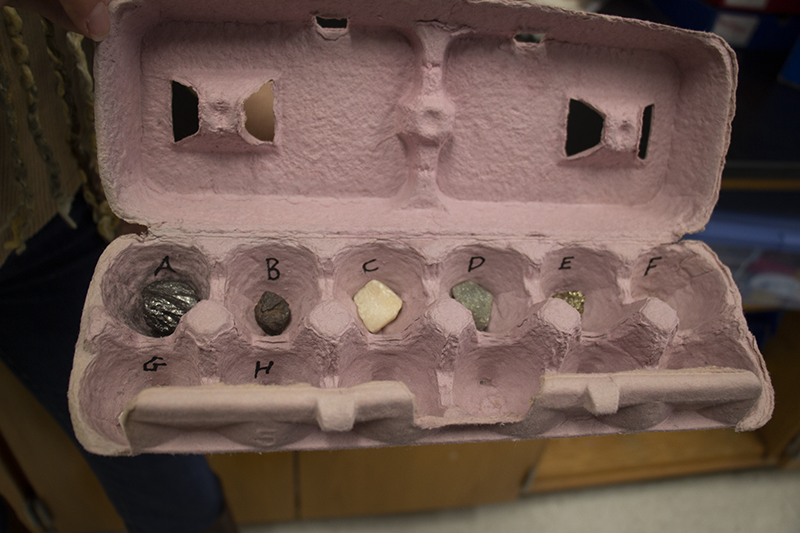 A pink egg carton with eight minerals in eight different compartments.