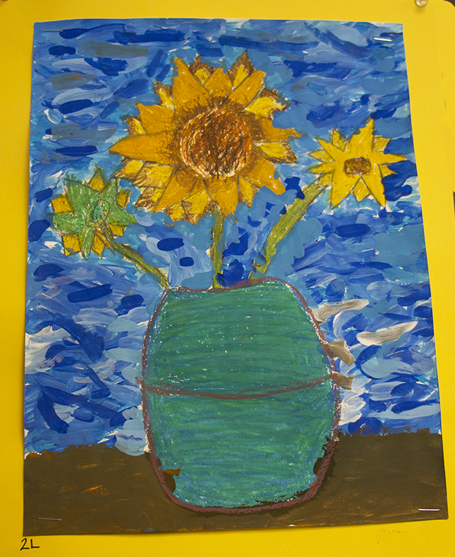 a painting of sunflowers in a green vase. A blue sky is the background.