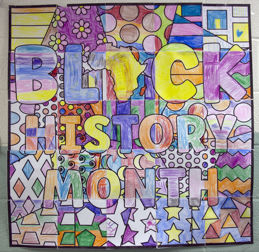 A multicolored bulletin board that says Black History Month.